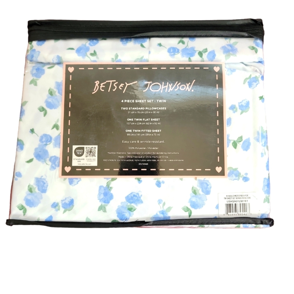 Betsey Johnson Blue Rosebud Rose Microfiber 4 Piece TWIN Sheet Set - Picture 2 of 3